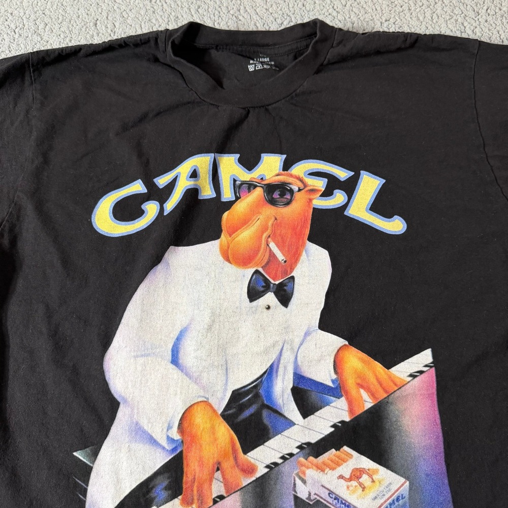 Vintage Joe Camel Piano Player Graphic T-Shirt Black XL Made in USA Tobacco Tee
